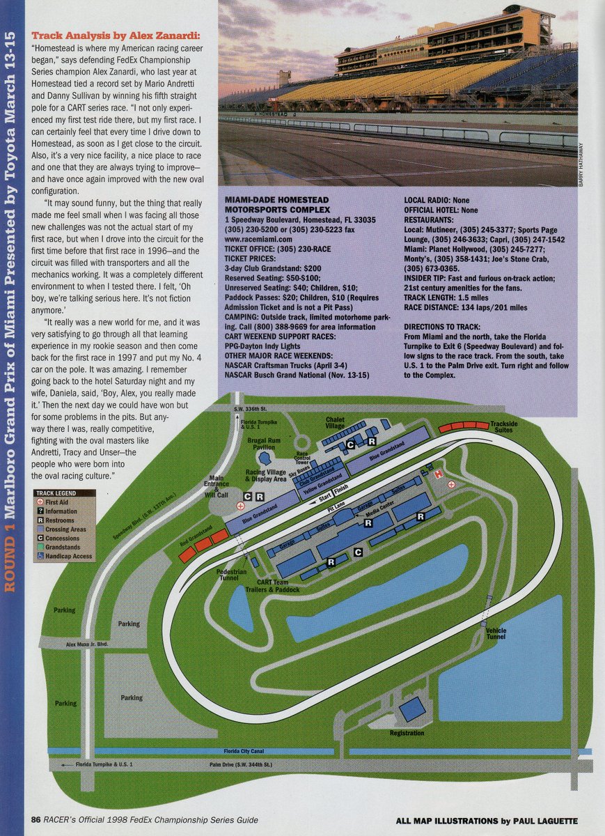 ChampCar4Ever (@champcar4ever) on Twitter photo A track analysis by 🇮🇹 Alex Zanardi of the Miami-Dade Homestead Motorsports Complex. The oval was remade in the off-season from it's original Indianapolis like configuration.
Taken from the 1998 Racer Official FedEx  Championship Series Guide.
Map illustration by Paul Laguette. A track analysis by 🇮🇹 Alex Zanardi of the Miami-Dade Homestead Motorsports Complex. The oval was remade in the off-season from it's original Indianapolis like configuration.
Taken from the 1998 Racer Official FedEx  Championship Series Guide.
Map illustration by Paul Laguette.