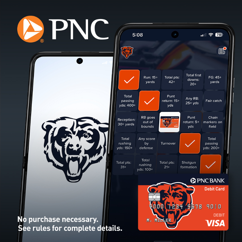BearsLocal's tweet photo. You can win official Bears merch (including an autographed item) when you play Bears Bingo brought to you by @PNCBank in our app during the game today 👀