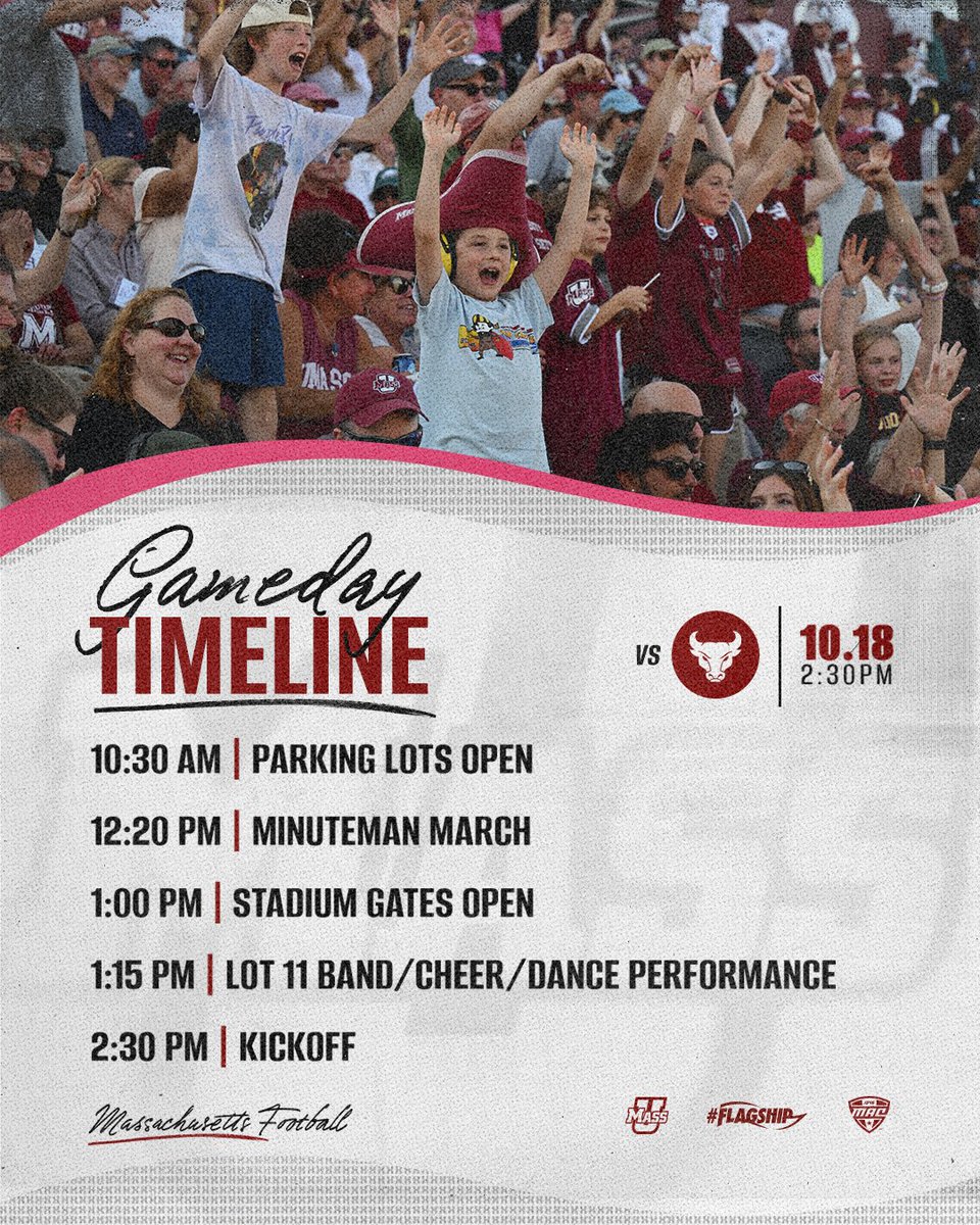 24 hours out from kickoff 👀

Gameday timeline for <a href="/UMassFootball/">UMass Football</a> vs. Buffalo

🎟️ bit.ly/3WnWRMX

#Flagship 🚩