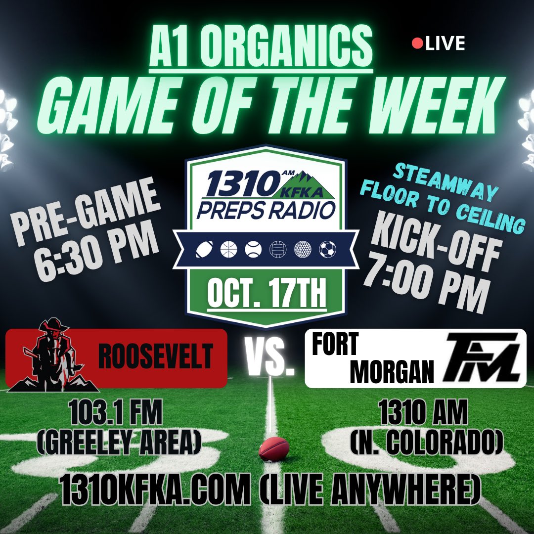 Tune in tonight to hear <a href="/BeyondsportsBD/">Bruce Dick</a> and <a href="/conlan_moe/">Conlan Moe</a> on the call tonight for <a href="/LaneWasinger/">Lane Wasinger</a> and his <a href="/RooseveltRFTB/">Roosevelt Football</a> taking on Fort Morgan #Copreps