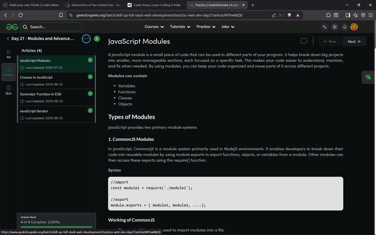 mohd_safee7's tweet image. 📅 Day 27/60 – Full Stack Web Development
📷 Today I learned :Javascript Modules
Course Link: geeksforgeeks.org/batch/skill-up…
#skillupwithgfg #nationskillup #FullStackDevelopment #geeksforgeeks