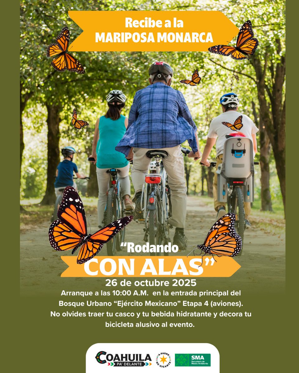 Recibe a la mariposa monarca con un recorrido en bicicleta en familia 
Te esperamos para disfrutar juntos de esta experiencia natural y llena de vida.
Hora: 10:00 am
Lugar: Bosque Urbano “Ejército Mexicano”

#CoahuilaPaDelante #APasosDeGigante