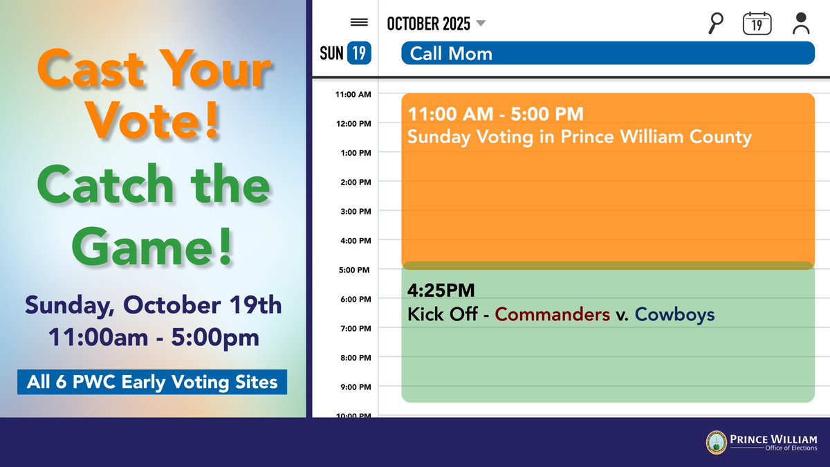 PWCVotes's tweet photo. This Sunday you can participate in two of America's favorite past times - voting and watching football. "Kick off" at all 6 early voting locations starts at 11:00 am (10/19) https://t.co/ocGoLKTixC #CastYourVote #CatchTheGame #PWCVotesEarly https://t.co/hdMjG1ktgI