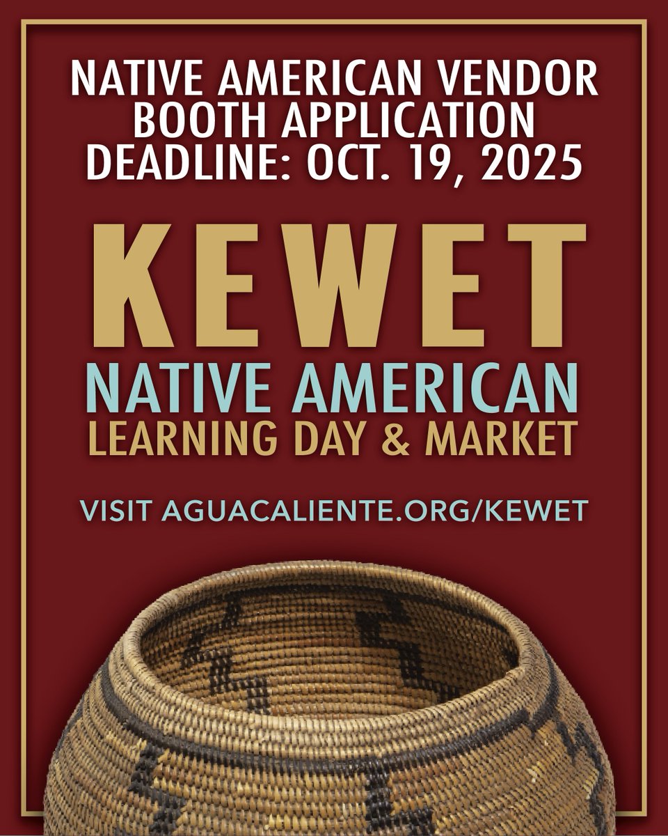 Last call for Native American vendors to signup for Kewet Native American Learning Day and Market. Apply by Sunday, Oct. 19th for your booth space! Visit aguacaliente.org/kewet #ACBCI #Kewet #AguaCaliente #PalmSprings