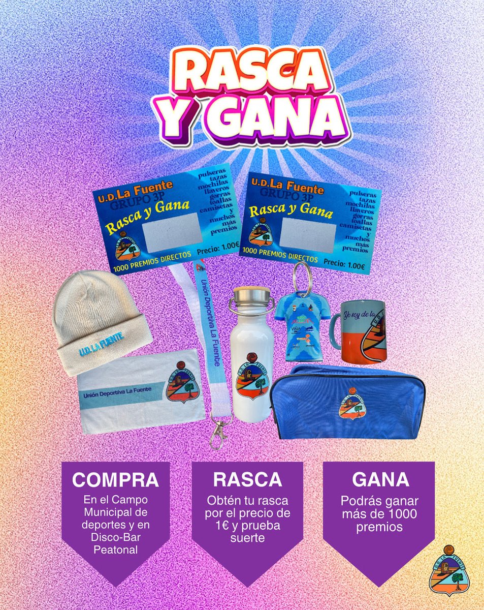 ✨ ¡RASCA Y GANA! ✨

🎁 Más de 1000 premios te están esperando: pulseras, tazas, mochilas, llaveros, chandals, gorras, camisetas, parkas y muchos más.

🎟️ Podrás adquirir tu rasca en el Campo Municipal de deportes y en Disco-Bar Peatonal.

🍀 ¡Que empiece la suerte!