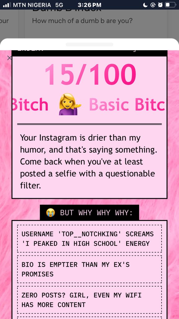 ImogenEthel1's tweet photo. I'm 15% Dumb B*tch.
Checks out.
What's your DBI? https://t.co/jUYSWVgcz1 #datarevolution
@vana https://t.co/8Xz346G1OT