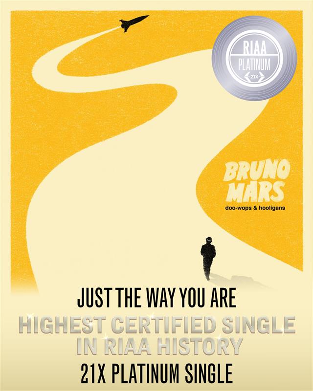 RIAA's tweet photo. Congrats to @brunomars on new RIAA certifications for his now 9x album Doo-Wops &amp; Hooligans, featuring the highest certified single in RIAA history #JustTheWayYouAre at 21x Platinum! 💿🎉 @AtlanticRecords https://t.co/RRK1AV1vi5