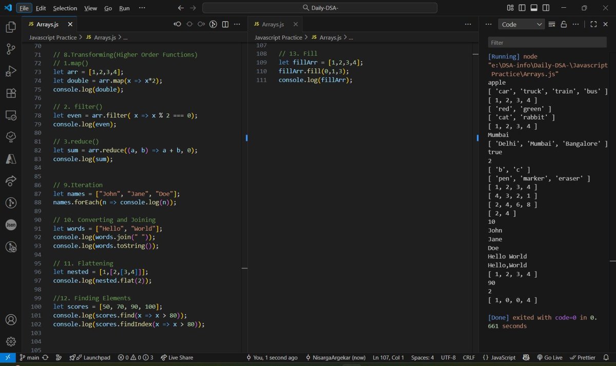 Argekar077's tweet image. Day 35 of #100DaysOfCode ✨
Explored all JavaScript Array operations💡
push, pop, slice, splice, map, filter, reduce & more - solid practice!
#JavaScript