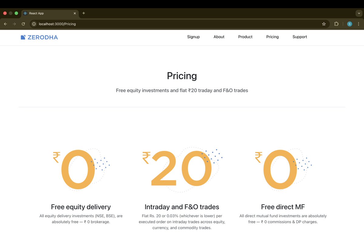 Sufiyan_Dev's tweet image. 🚀 Day 23 of #100DaysOfCode
Built the Pricing & Support sections of my Zerodha Clone 💻✨
#WebDev #ReactJS #Bootstrap #CodingJourney