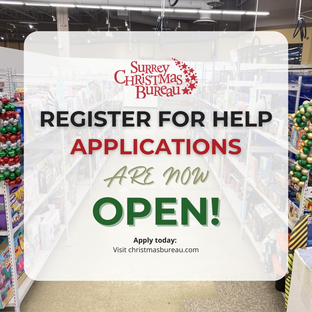 🎄 It’s time!

Register for Help applications for the Toy Depot 🎁 &amp; Adopt-a-Family ❤️ are now OPEN!

If your family needs extra support this Christmas, apply today 👉 christmasbureau.com

Please share, no family should be left behind 💝

#SurreyChristmasBureau #AdoptAFamily