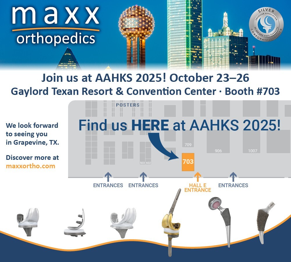 MaxxOrthopedics's tweet photo. We are one week until the AAHKS Annual Meeting in Dallas, TX, taking place October 23–26 at the Gaylord Texan.

We invite you to visit Maxx Orthopedics at Booth #703 to learn more about our Freedom® Knee and Libertas® Hip products

We look forward to seeing you in Dallas. https://t.co/4tzgdJoknm