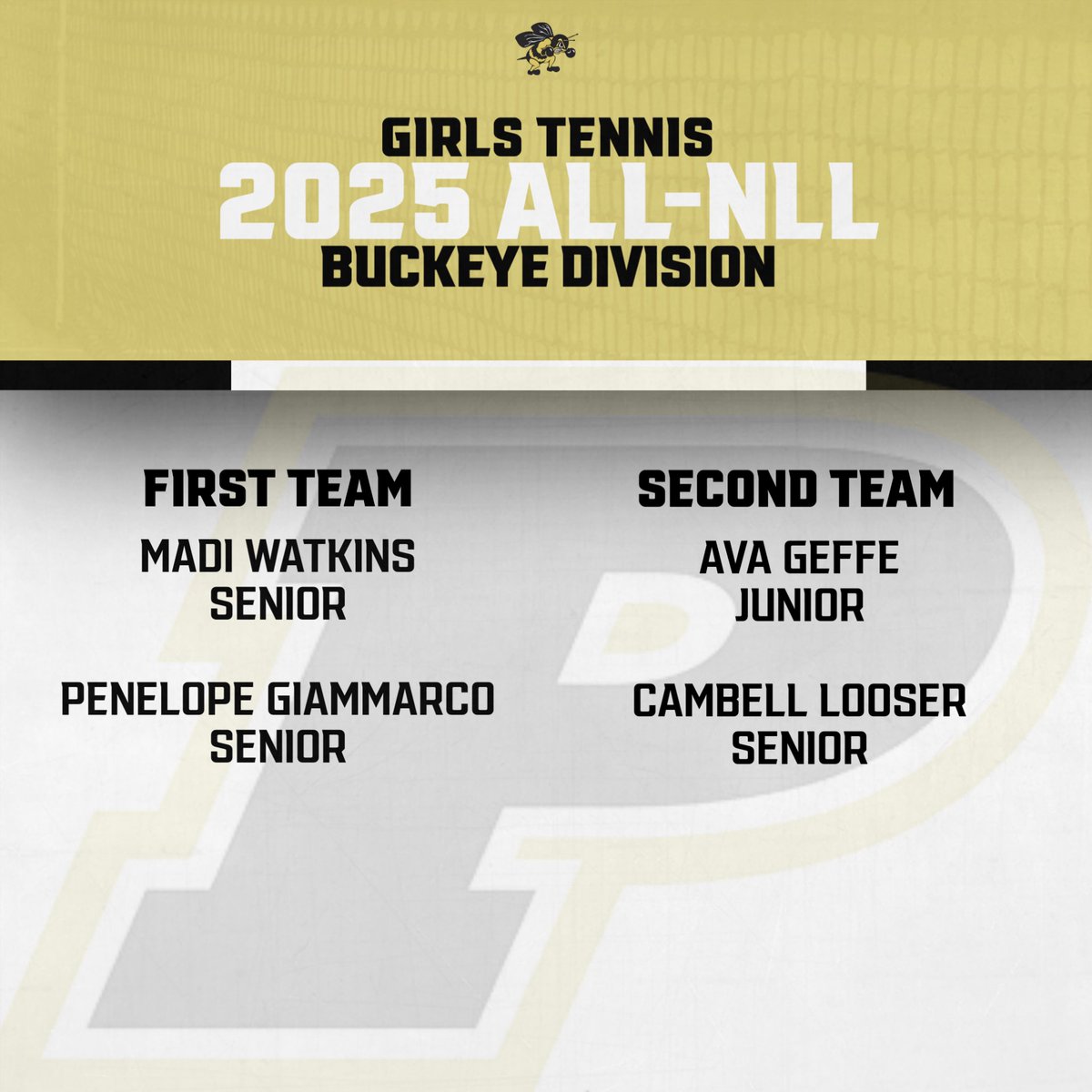 PburgAthletics's tweet image. 💛🎾 Congratulations to our Girls Tennis players on earning ALL NLL Buckeye Division honors! Way to represent! 🐝 💪 #JacketPride