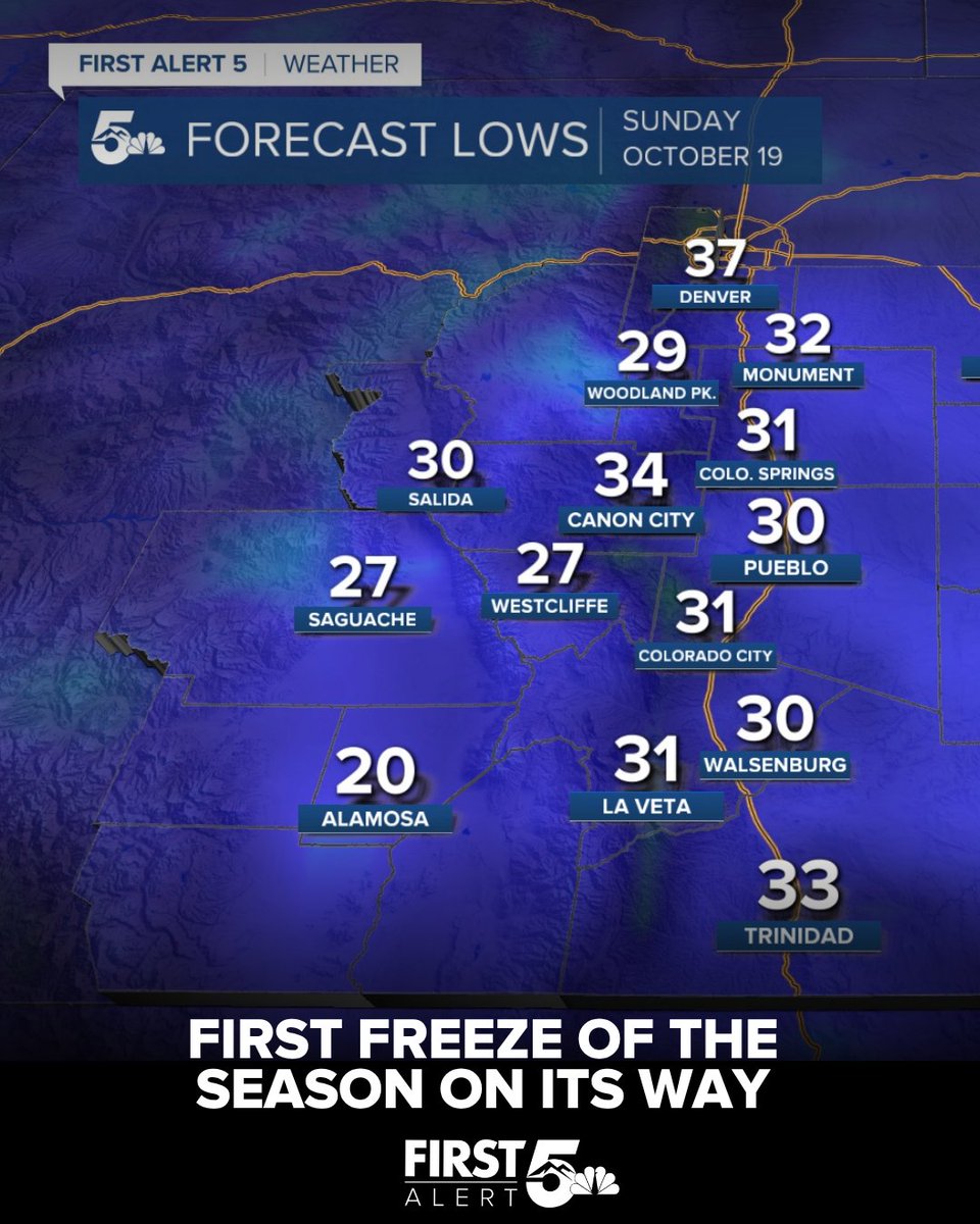 KOAA's tweet image. HEADS UP SOUTHERN COLORADO!
 
While some of us have already experienced our first freeze, much of the market area will experience its first of the season on Saturday or Sunday.
 
With temperature lows in the high 20s or low 30s for much of our area.  
 
#cowx #weather #freeze