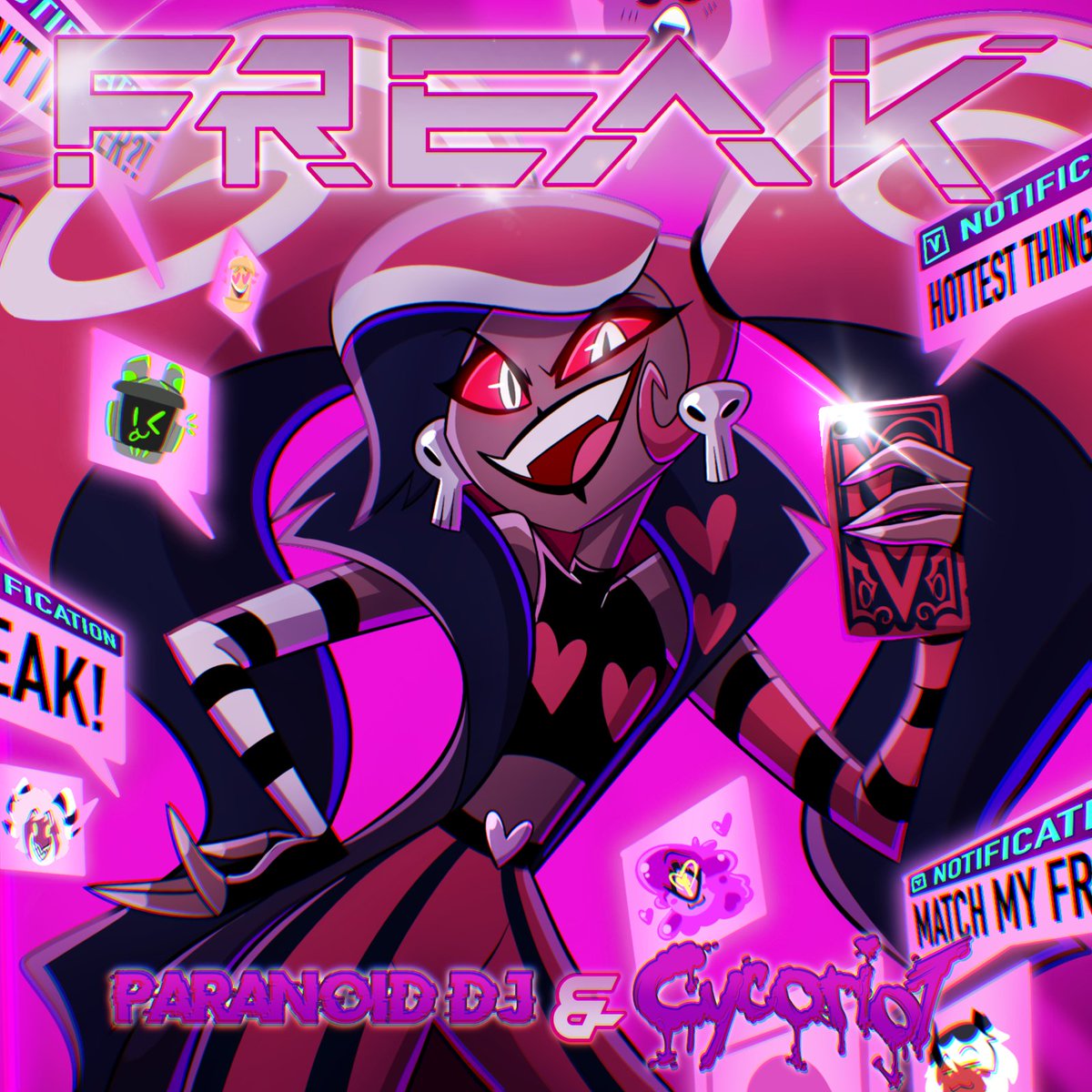 PARANOiDDJ1's tweet image. Get the hashtags ready.
As one final treat from this world before S2, @Cycoriot and myself have teamed up to bring you 'Freak', arriving Oct 24th.
With stunning visuals from @hntrgurl13 & @MrDemoVE, don't forget who's really in charge.
#VelvetteHazbinHotel #HazbinHotel