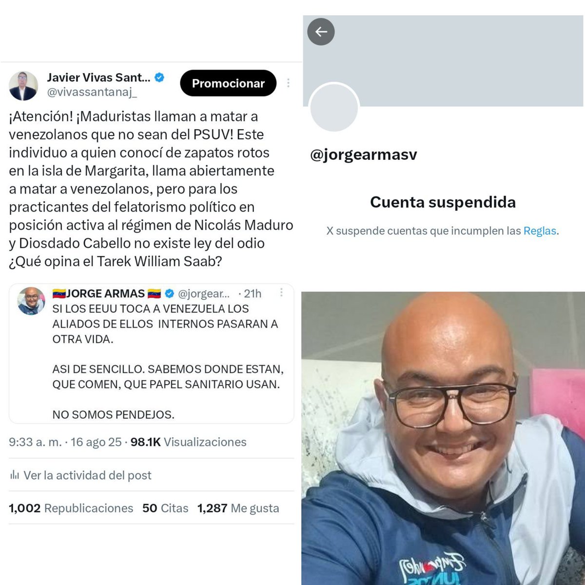 Javier Vivas Santana (@vivassantanaj_) on Twitter photo ¡Equipo, a todos gracias! Hace dos meses alertamos que la cuenta del miembro neonazista del cartel de los Soles estaba llamando a matar venezolanos de manera abierta en X. Ficha del criminal <a href="/RoiLopezRivas/">Roi Lopez Rivas</a> y <a href="/CMonteroOficial/">Carlos Montero</a> le han suspendido la cuenta <a href="/jorgearmasv/">🇻🇪JORGE ARMAS 🇻🇪</a> ¡Estamos ¡Equipo, a todos gracias! Hace dos meses alertamos que la cuenta del miembro neonazista del cartel de los Soles estaba llamando a matar venezolanos de manera abierta en X. Ficha del criminal <a href="/RoiLopezRivas/">Roi Lopez Rivas</a> y <a href="/CMonteroOficial/">Carlos Montero</a> le han suspendido la cuenta <a href="/jorgearmasv/">🇻🇪JORGE ARMAS 🇻🇪</a> ¡Estamos