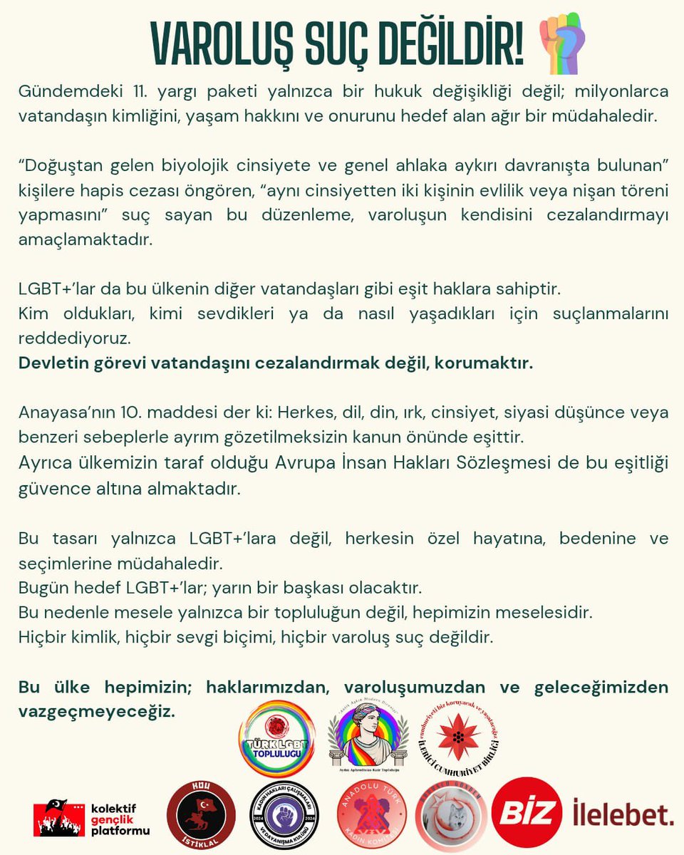 TurkLGBTTplk's tweet photo. ORTAK ÇAĞRIMIZDIR: 

Bu ülke hepimizin; haklarımızdan, varoluşumuzdan ve geleceğimizden vazgeçmeyeceğiz! https://t.co/mVL1NXt0AA