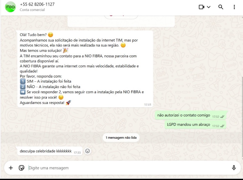 ThayaneRios's tweet photo. Ai fui eu contratar internet na TIM, fiz o processo todo e do nada recebo isso no Whats @AnatelGovBR @TIMBrasil @NioInternet 
Ai fui no @tjbahia e no balcão fui informada que isso aí é um problema comum e não adianta processar que não vai mudar… https://t.co/YYGTN1ftfw