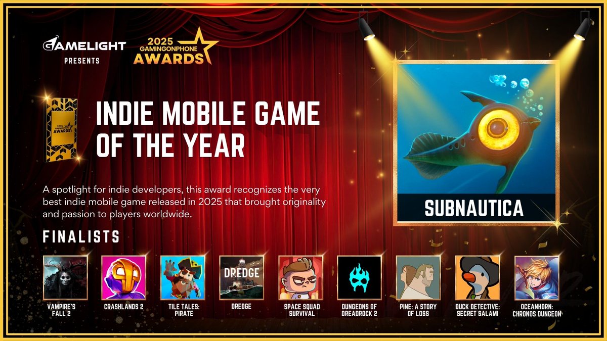 GamingonPhone's tweet image. The GamingonPhone Awards 2025, presented by Gamelight, have concluded! Meet this year’s winners. (3/30) ✨

🏆 Indie Mobile Game Of The Year

🎉 And the winner is @Subnautica from @Playdigious and @UnknownWorlds 

The other finalists are:

🎖️ Vampires Fall 2 from @EarlyMorningStu…