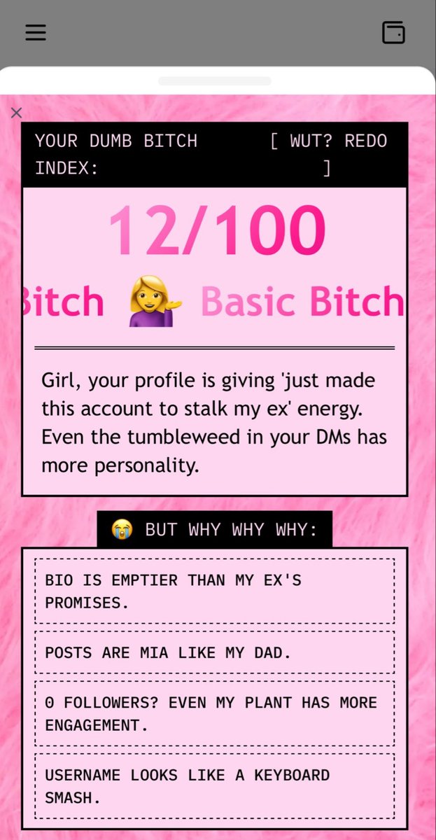 berterop's tweet photo. I'm 12% Dumb B*tch.
Checks out.
What's your DBI? https://t.co/jCyYF44xlU @vana #datarevolution https://t.co/HvdoSmNJPz