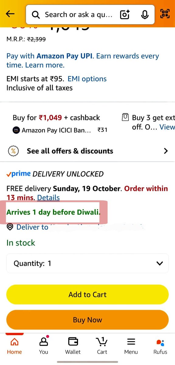 cx_deep_'s tweet image. Sometimes, great UX isn’t about design — it’s about words. ✨

Today while purchasing a shirt on Amazon, I noticed something subtle but genius in their UX writing.
Right below the delivery info, it said:
“Arrives 1 day before Diwali.”

That’s it. One simple line — but incredibly…