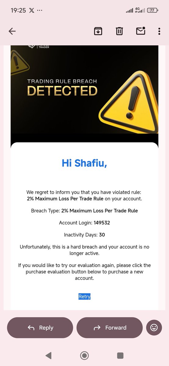 Shaameeyn's tweet image. Not sure what’s going on @GoatFunded @EdwardXLreal — I got a breach notice for “2% max loss per trade” even though I was well within my risk limit. 😕

Been trading clean and in profit. Would appreciate a review on Account 149532 🙏

#PropTrading #GoatFunded #ForexCommunity
