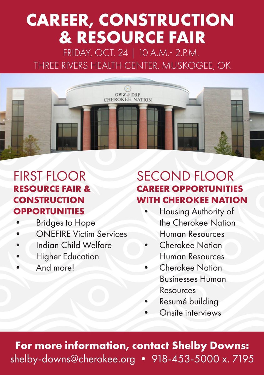 📌 You’re invited! Cherokee Nation Career Services will be hosting a Career, Construction, &amp; Resource Fair! Join us for a day of inspiration, innovation, and networking at the Three Rivers Health Center in Muskogee! 🤩🏗️