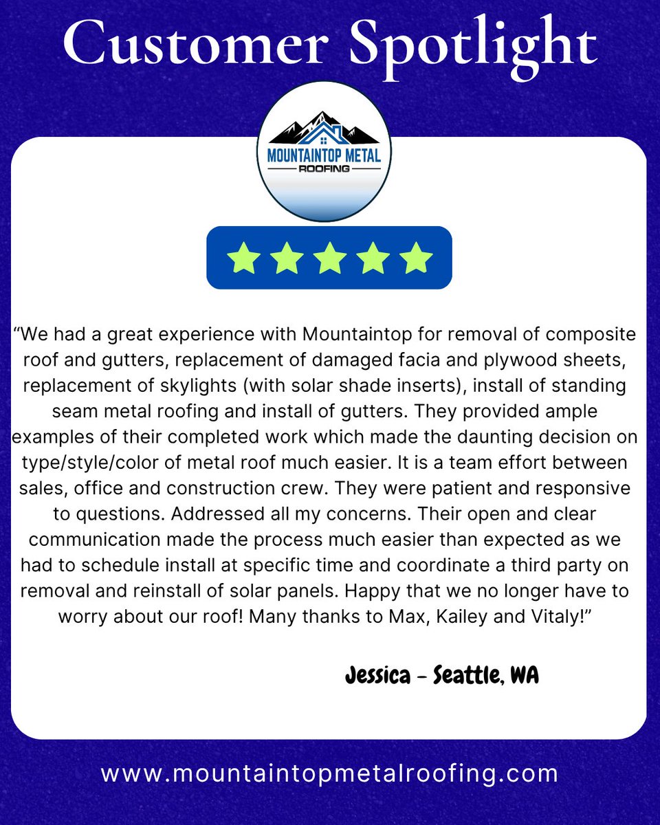 MountaintopMet2's tweet photo. Customer Spotlight!

This @seattle home originally had a composite roof that needed replacement. Our team removed the old roof and installed a sleek Sterling Grey Standing Seam metal roofing system, complete with new skylights (with solar shade inserts) and brand new gutters. https://t.co/Snu80E0Bsf