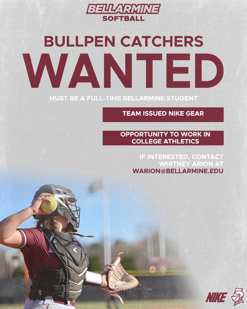 🚨 𝗕𝗨𝗟𝗟𝗣𝗘𝗡 𝗖𝗔𝗧𝗖𝗛𝗘𝗥𝗦 𝗪𝗔𝗡𝗧𝗘𝗗 🚨

Want to be part of a Division I softball team? Here's your chance!

We need bullpen catchers to help our team get ready for the season. If you have catching experience and are interested in joining the team, email Coach Arion!