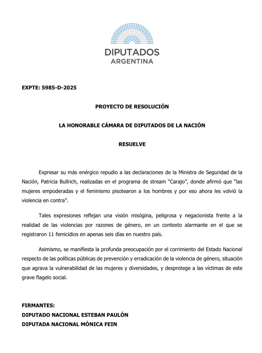 PATO: NO NOS PASAMOS NINGUN PUEBLO 

Junto a <a href="/MonicaFein/">Mónica Fein</a> presentamos un proyecto para repudiar las declaraciones negacionistas de la violencia de género por parte de la Ministra <a href="/PatoBullrich/">Patricia Bullrich</a> 
Es inadmisible que a Ministra de Seguridad desconozca la desigualdad estructural de
