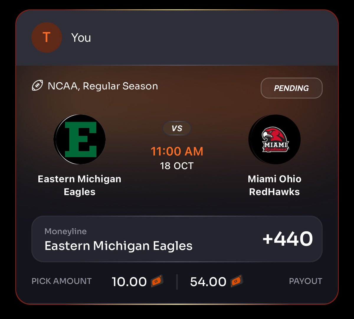 POTD: Eastern Michigan ML +440 on REBET

Putting .3 to .5 units on this. Worth a sprinkle

If you don’t have REBET you can get a $100 match on the site. Text me “Rebet” for details at 5122700440