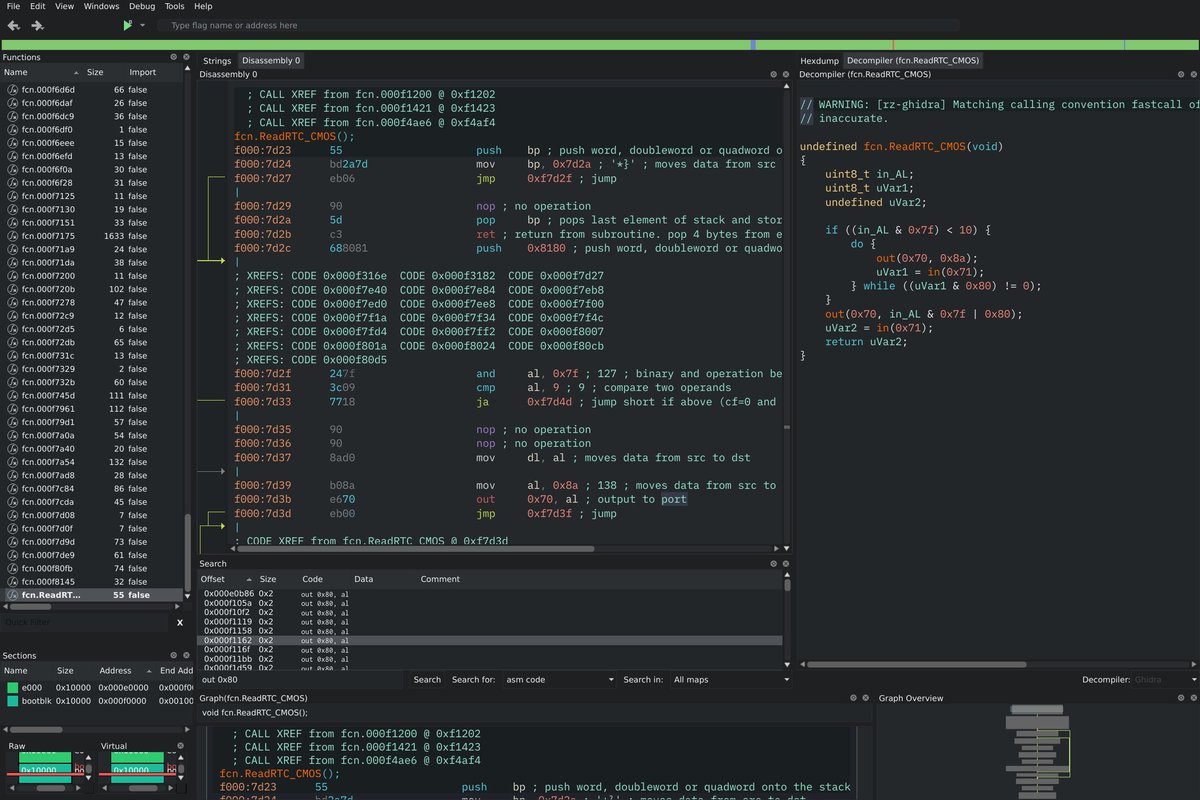 CodeAsm_'s tweet image. Im still not good at it, but I start to like Cutter with Ghidra as a decompiler. Still no idea if I can manage to make sense out of this bios, but learning. Hope i can connect it to gdb/qemu at some point