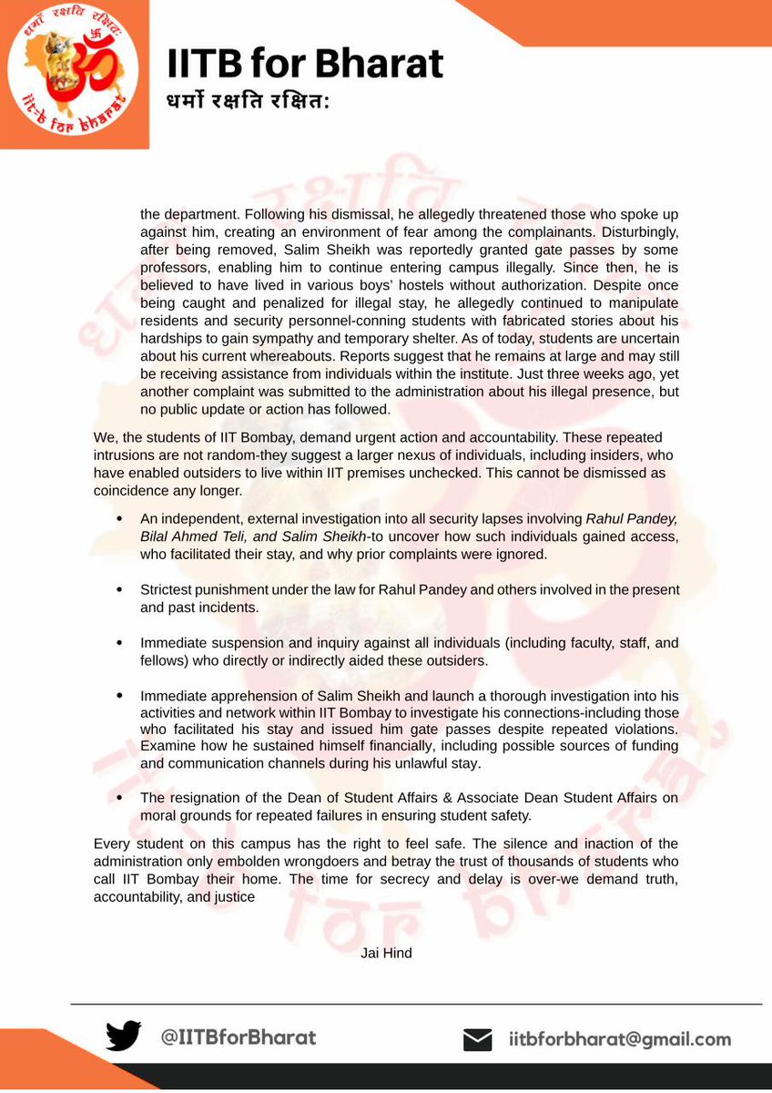 <a href="/iitbombay/">IIT Bombay</a> has repeatedly failed to protect students from outsiders illegally staying on campus. From secret filming in bathrooms to ongoing breaches, this is a shocking violation of trust and safety. 
We demand an independent investigation and immediate action against all