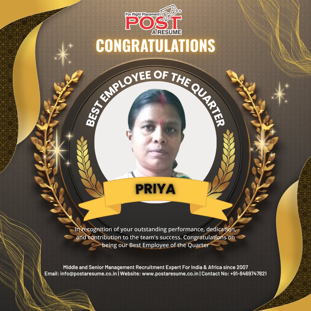 postaresume's tweet image. Thrilled to honor Priya Ghosh as our Best Employee of the Quarter.

#EmployeeRecognition #BestEmployee #POSTARESUME #TeamSuccess #LeadershipInAction #EmployeeOfTheQuarter #HRConsulting #RecruitmentExcellence #ClientSuccess
