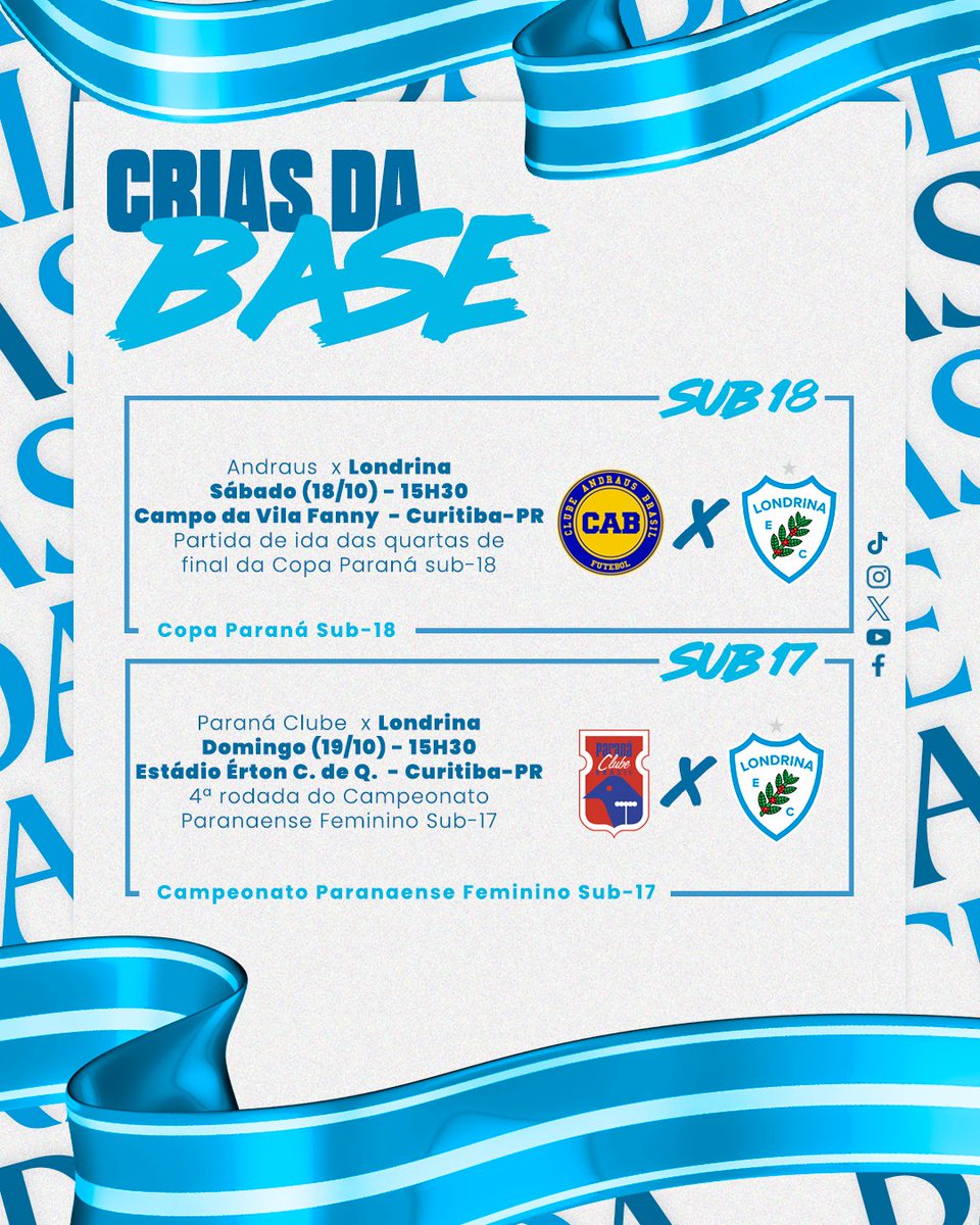 LondrinaEC's tweet photo. 🦈⚽ CRIAS DA BASE! Neste final de semana, a nossa categoria sub-18 entra em campo pela Copa Paraná sub-18 e nossa equipe feminina pelo Campeonato Paranaense sub-17!

#VamosPraCimaTubarão #LondrinaEC #LEC #CriasdaBase https://t.co/88YGJEBGpf