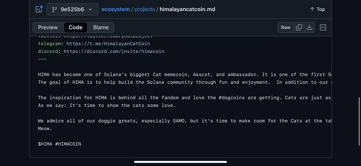 HIMA has become one of Solana’s biggest Cat memecoin, mascot, and ambassador.

It is one of the first Solana Cat memecoin listed on Serum DEX. 

The goal of HIMA is to help build the Solana community through fun and enjoyment. In addition to our cool vibes and memes, we plan on