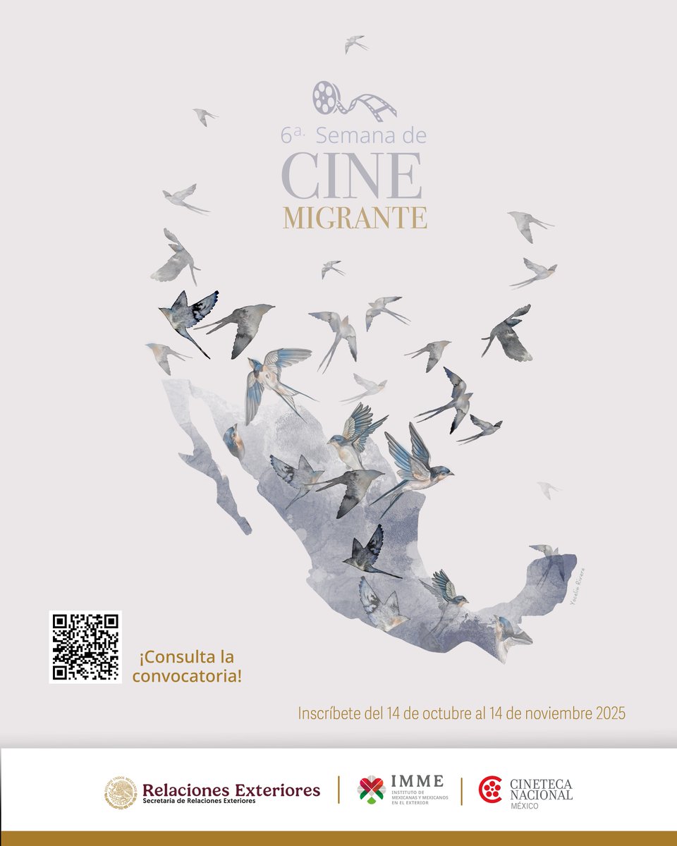 La 6ª Edición de la Semana de Cine Migrante abre su convocatoria. Un proyecto del @IMMEXTERIOR con <a href="/CinetecaMexico/">Cineteca Nacional</a>.
📅 Recepcion de propuestas: Del 14 oct al 14 nov 2025.
🎬 Temáticas: Historias de migración, identidad y comunidad mexicana en el mundo.
👉ime.gob.mx/vinculacion/ar…