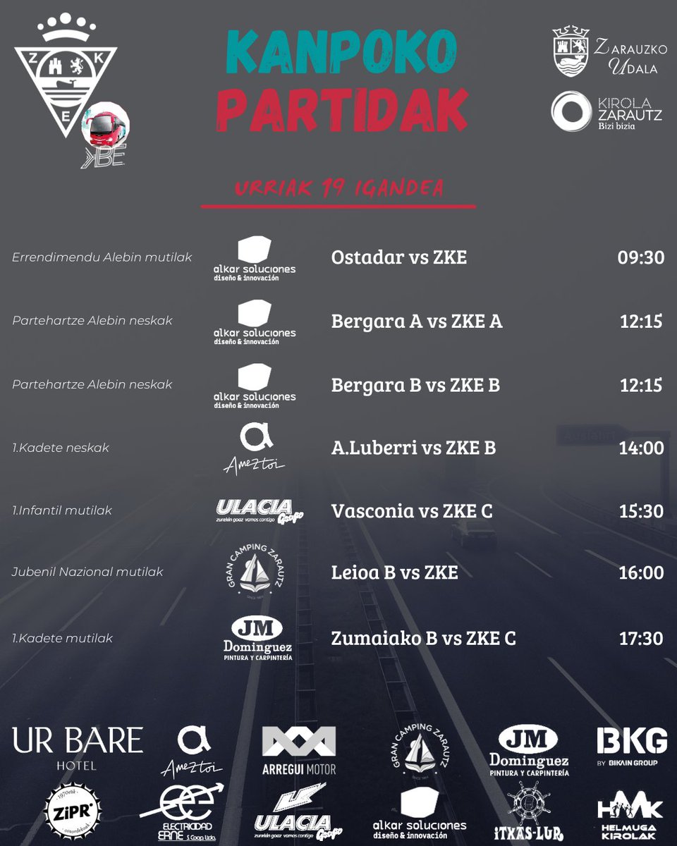 [ASTEBURUKO PARTIDAK]

Hemen dituzue urriaren 18-19ko asteburuan gure neska-mutilek etxean zein kanpoan jolastuko dituzten futbol partida ofizialak!

Zorte on denoi! 
Aupa #Zarautz!
#123Zarautz!
#Hortzaka!