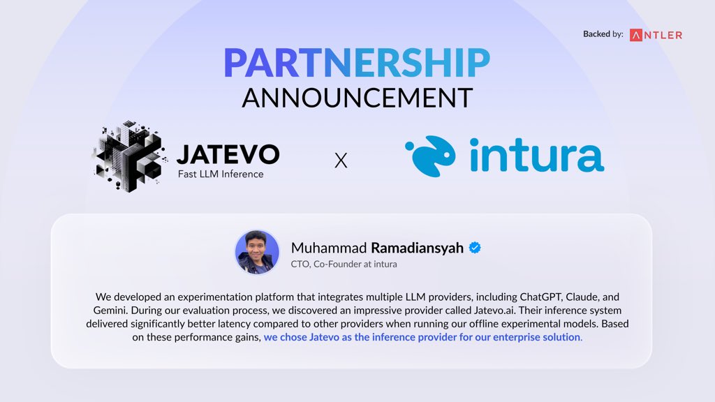 JatevoId's tweet image. After a month of POC and evaluation, we are glad to announce our long-term partnership with intura.co, a @AntlerGlobal 2025 batch startup providing a complete AI workspace.
With this partnership, we expect to consume up to 120 million LLM tokens per day through our…