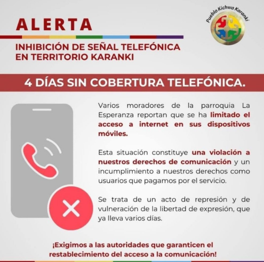 EcEnDirecto's tweet photo. #ATENCIÓN 
Moradores de la parroquia La Esperanza, en la provincia de #Imbabura, reportan que “se ha limitado el acceso a internet en sus dispositivos móviles”. mediante un comunicado, el Pueblo Kichwa Karanki exige a las autoridades “garantizar el restablecimiento del acceso a la comunicación”.