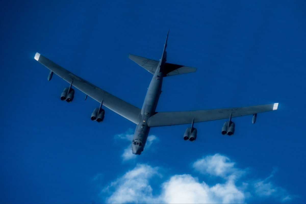 sentdefender's tweet photo. The Twelfth Air Force has published photos from a “demonstration mission” carried out earlier this week off the coast of Venezuela by several B-52H “Stratofortress” Long-Range Strategic Bombers with the U.S. Air Force’s 2nd Bomb Wing stationed at Barksdale Air Force Base in Louisiana, with them seen being escorted by Marine Corps F-35B Lightning lls armed with AIM-9X “Sidewinder” Air-to-Air Missiles, attached to the “Vikings” of Marine Fighter Attack Squadron 225 (VMFA-225), temporary deployed to Roosevelt Roads Naval Station in Puerto Rico.