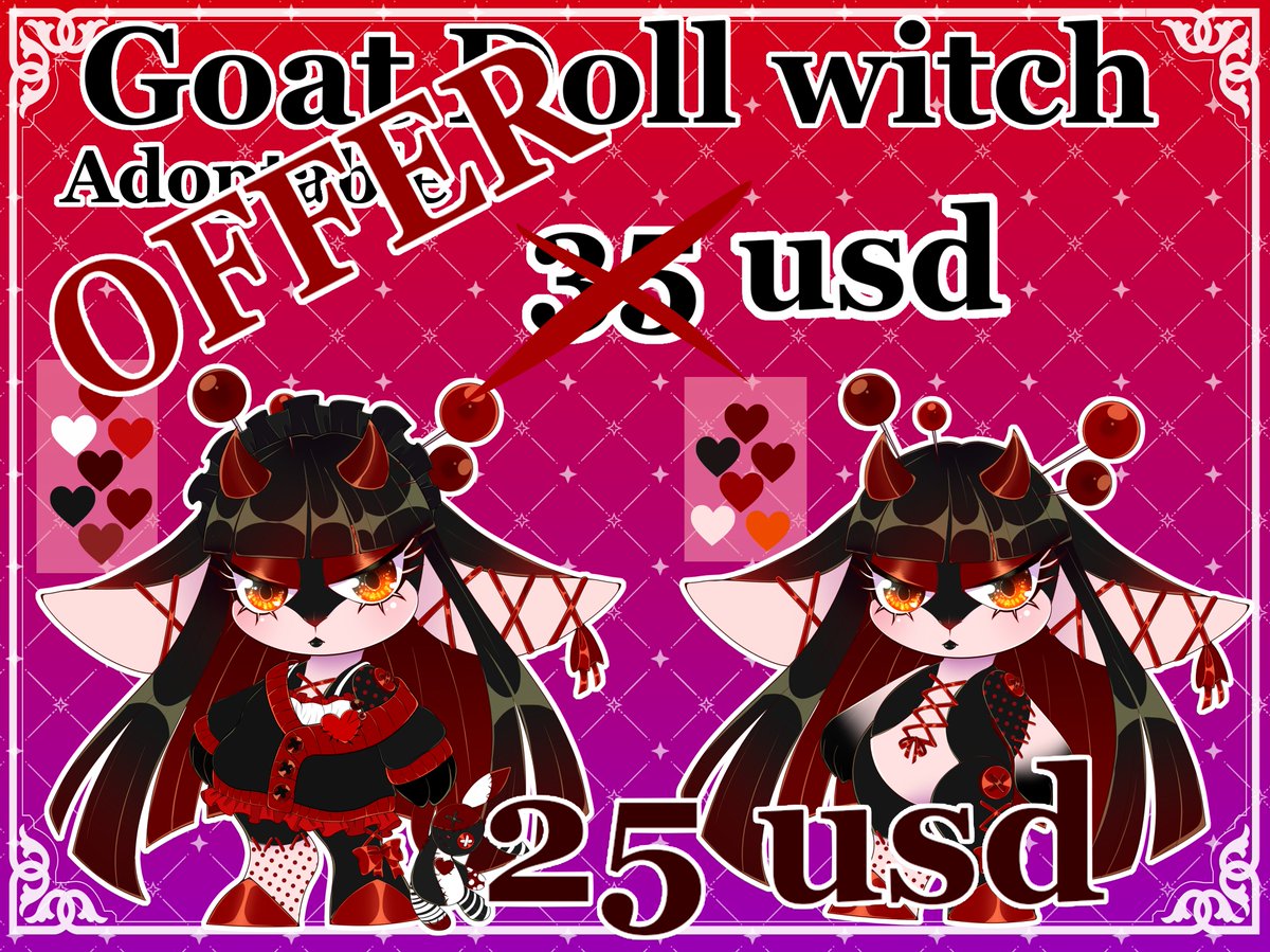 Open Goat Doll Witch Adoptable OFFER

Hello, I'm putting this adoptable on sale for $25.

for 56 usd you can have a full reference sheet custom of front view and back view with clothes and without clothes

edit: 6 USD
comercial use: 50 usd
extra oufith : 25 usd