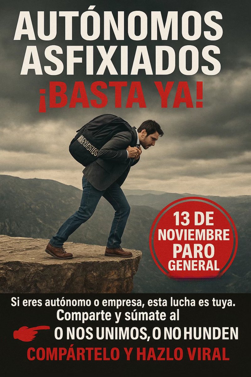 Quarter04232136's tweet image. 🚨AUTÓNOMOS ASFIXIADOS🚨

 iBASTA YA!

APOYEMOS A LOS AUTÓNOMOS 

TODOS A LA CALLE EL 13N

¡COMPÁRTELO Y HAZLO VIRAL!