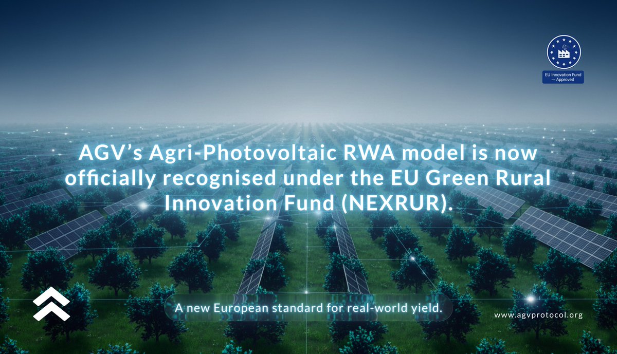 🚀 A Major milestone for Us at AGV Protocol!

Our asset-side project just passed the EU Green Rural Innovation Fund under the NEXRUR (Next-Gen Rural Development) framework. 🇪🇺

This officially recognizes AGV’s Agri-Photovoltaic RWA model — merging orchard + solar + digital