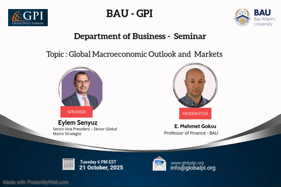 Join us, October 21, 2025, at 6:00 PM (EST) for a seminar, "Global Macroeconomic Outlook and Markets", hosted by the Department of Business at Bay Atlantic University in collaboration with the GPI.  BAU (1510 H St NW, DC) or via Zoom   Register free: forms.gle/3Ekonrc8b2peH7…