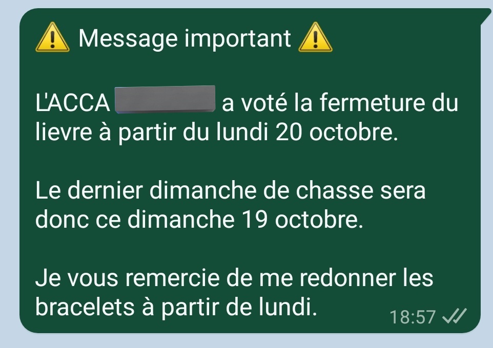 Chasser de manière responsable, c'est réaliser un comptage supplémentaire en début de saison, car peu de lièvres vus.

Et face au constat d'un comptage "moyen", c'est aussi voter, avec l'ensemble des chasseurs de l'ACCA, une fermeture anticipée du lievre sur l'ACCA afin de