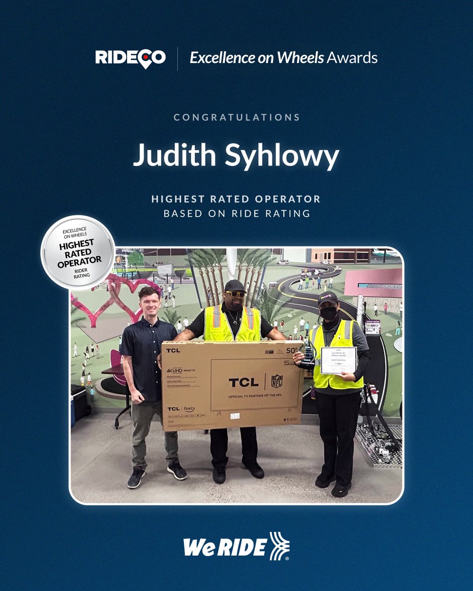 Celebrating Our 2025 Excellence on Wheels Award Winner!

<a href="/RideCo_OnDemand/">RideCo On-Demand Transit</a> Transit is proud to recognize Judith from the WeRIDE program as the last winner of the 2025 Excellence on Wheels Award and the Highest-Rated Operator Based on Ride Rating with an exceptional 4.9/5 overall