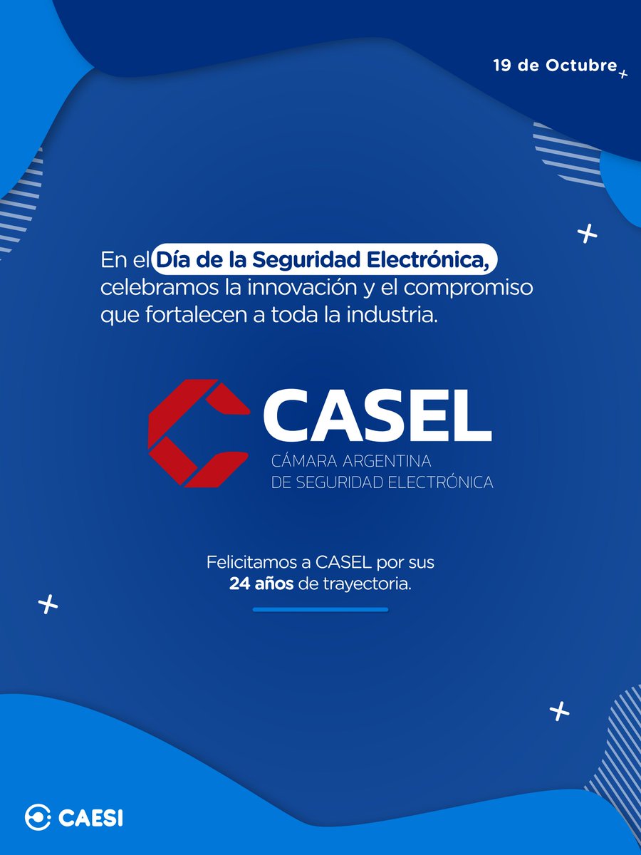 CAESI9's tweet photo. Este 19 de Octubre
Desde CAESI saludamos a nuestros colegas y amigos de CASEL por un nuevo aniversario, celebrando más de dos décadas de trabajo, innovación y compromiso con la seguridad electrónica en Argentina. https://t.co/iUACg5QSvO