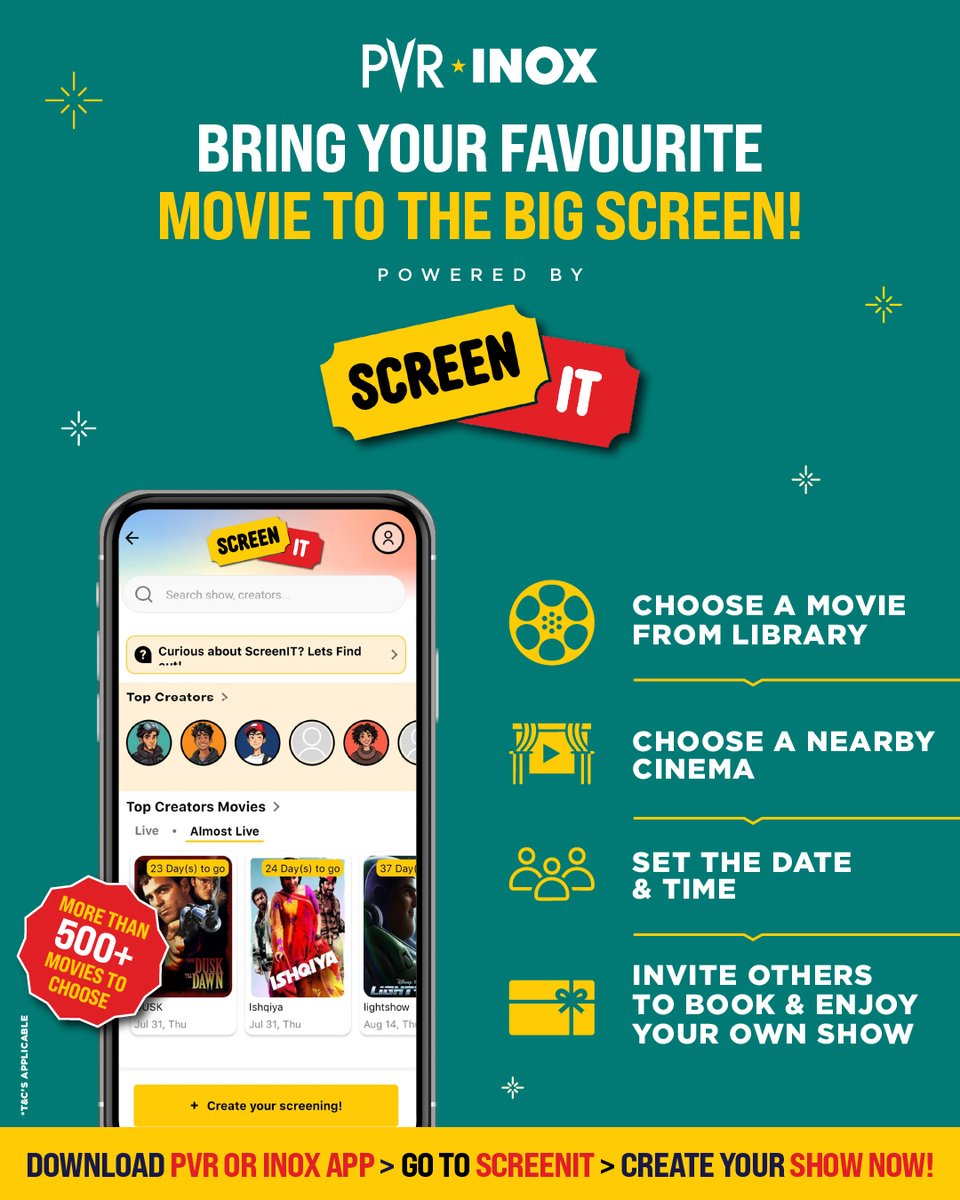_PVRCinemas's tweet image. Your Time, your Movie, your Rules. 🎥✨
With #ScreenIT, create your own private screening at your time, your way.

Download the app: cutt.ly/teWQhBq7
.
.
.
#PVRINOX #ScreenIT #CinemaOnYourTime