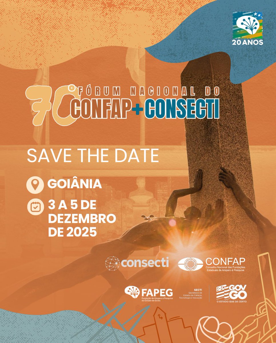 confapbr's tweet photo. Goiânia (GO) sediará, de 3 a 5 de dezembro de 2025, a 70ª edição do Fórum Nacional CONSECTI & CONFAP.
➡️Acesse a programação: https://t.co/aOjw9aeJ9B
#CONFAP
#CONSECTI
#FAPEG20Anos
#Goiânia https://t.co/rD0zHZ554e