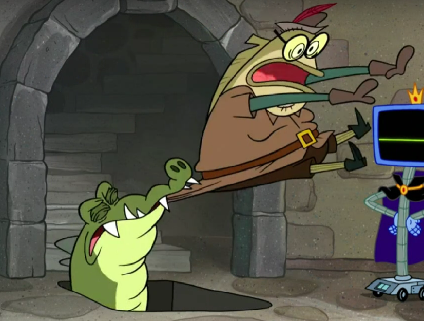MiniP7's tweet photo. In the Season 14 episode "Snow Yellow", Bubble Bass appears playing the role of the Huntsman. 
He is sent by the queen to cut the trims of Snow Yellow but ends up warning him instead.
He is then fed to a shark for disobeying but makes another appearance near the end. https://t.co/l8xVNMiZ8C